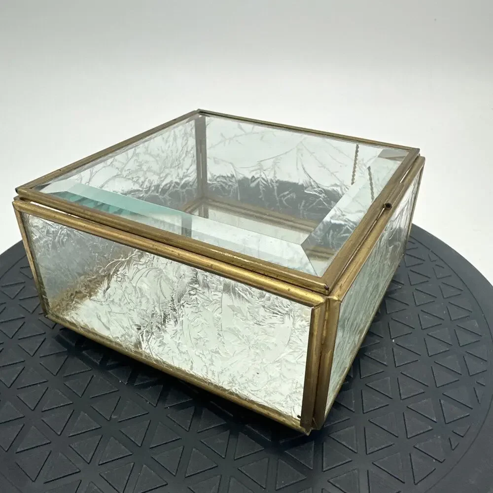 Vintage Glass Brass Trinket Box Etched Frosted Glass